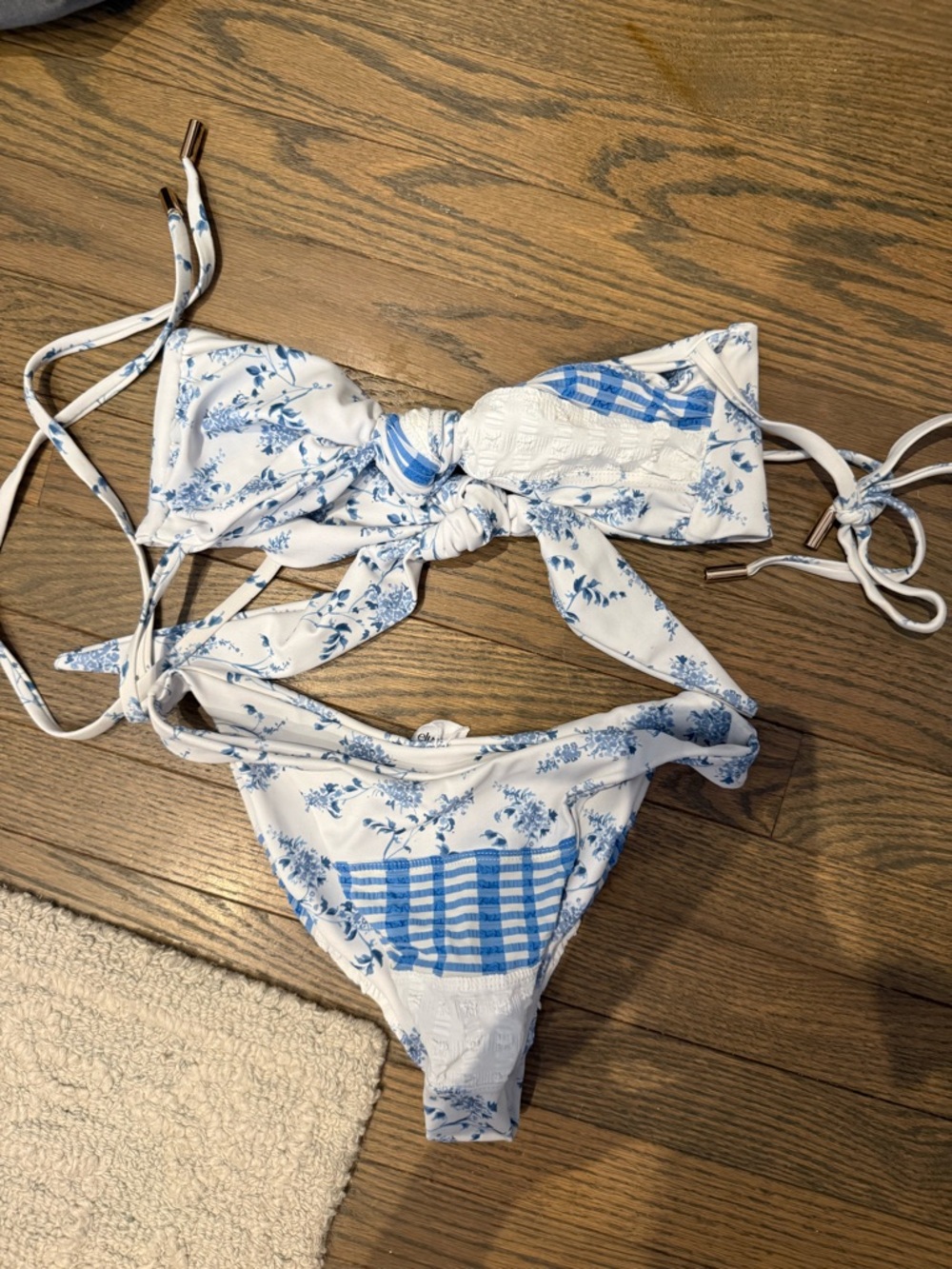 White & Blue Floral Tie-Front Bikini Set